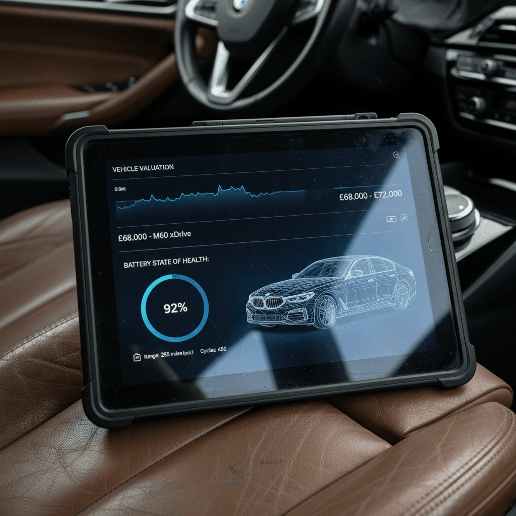 Tablet displaying a used BMW i5 valuation report including price range and battery health score