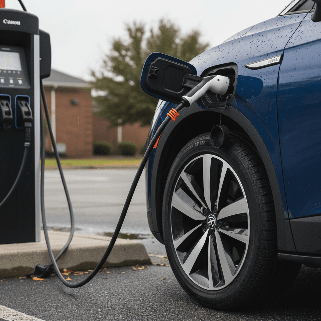 Close view of a 2021 Volkswagen ID.4 charging port and rear wheel at a public fast charger