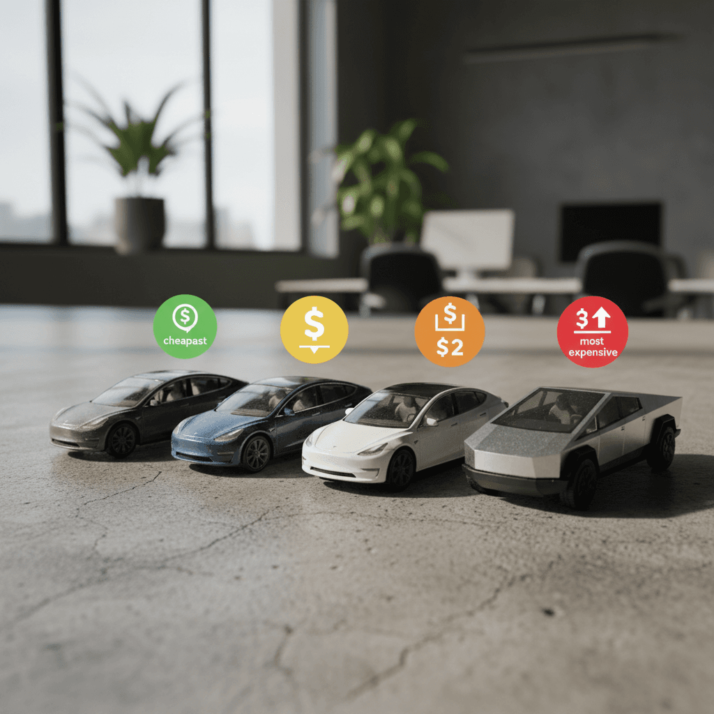 Lineup of Tesla Model 3 and Model Y vehicles with callouts showing different insurance cost ranges