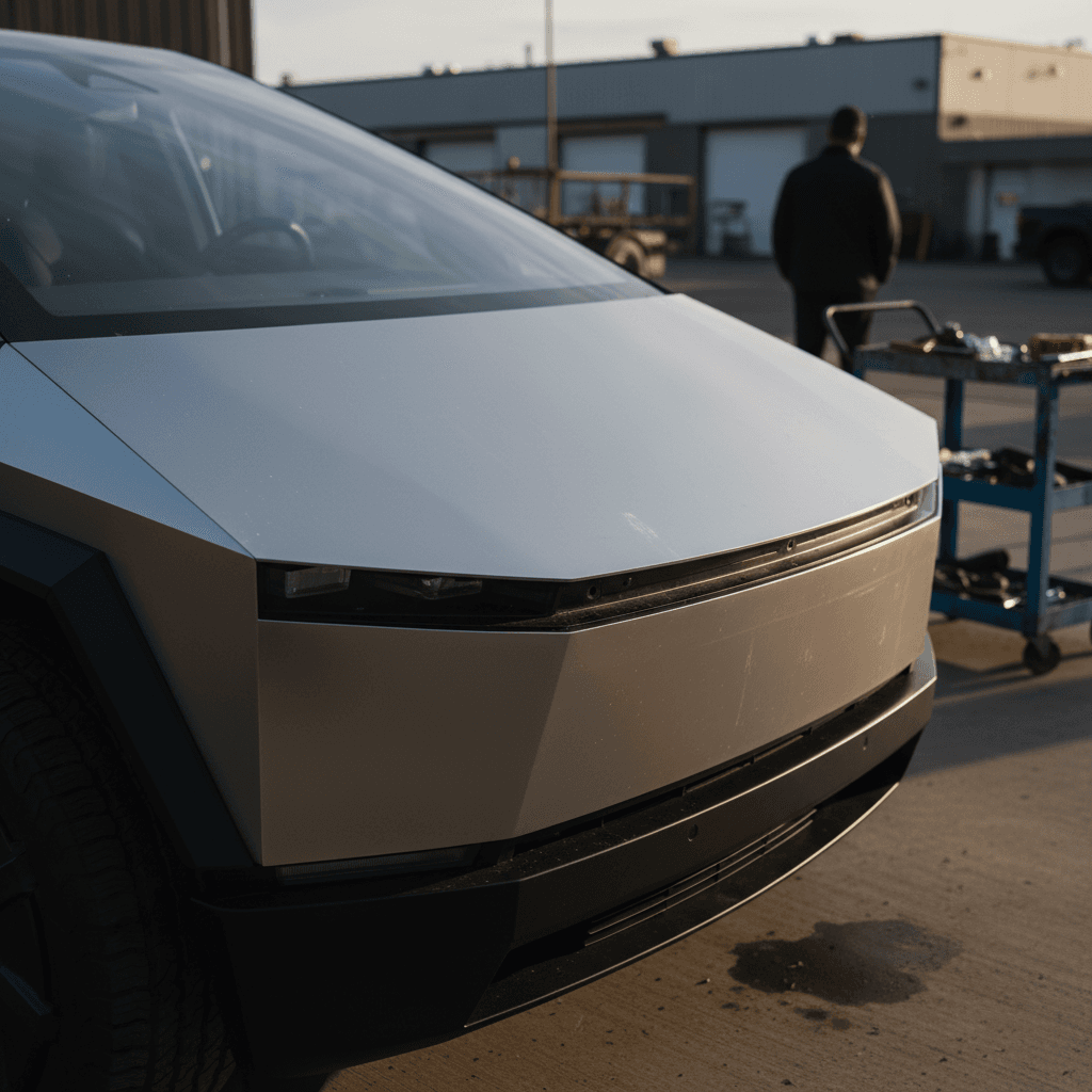 Close view of a Tesla Cybertruck front corner showing panel alignment and stainless body finish