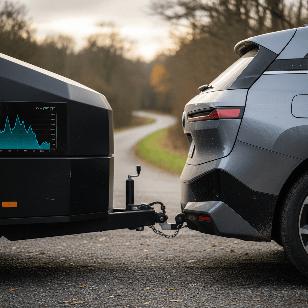 BMW iX hitched to a trailer parked at a highway fast charger, charge cable connected and trip energy screen visible in the cabin