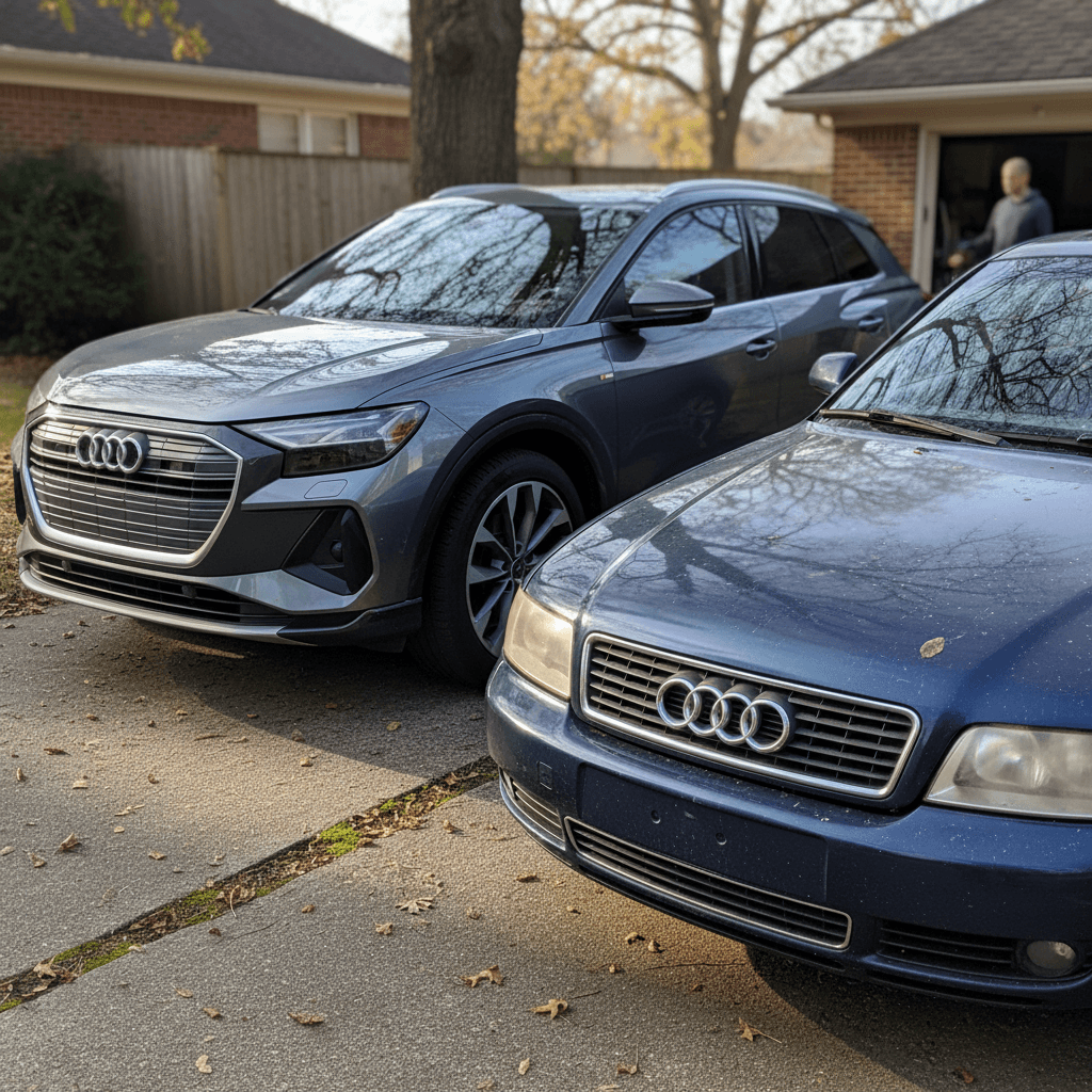 Audi Q4 e-tron compact electric SUV parked beside an older Audi A4 sedan in a driveway, highlighting differences in height and body style