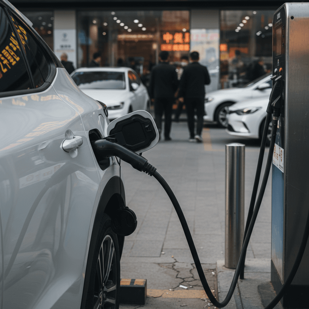 A modern Toyota-style electric SUV charging at a public station in the city