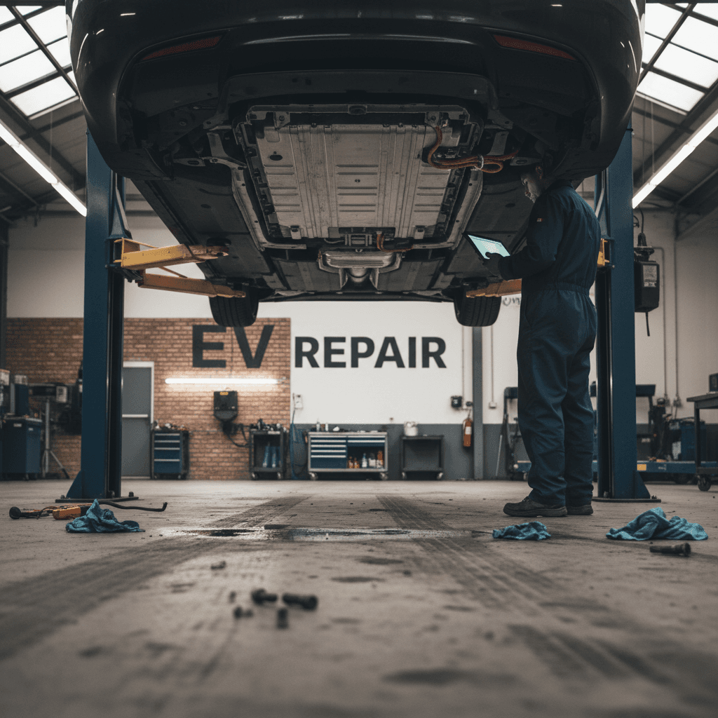 Technician under a lifted Tesla Model S inspecting the high voltage battery pack and cooling lines in a modern EV service bay