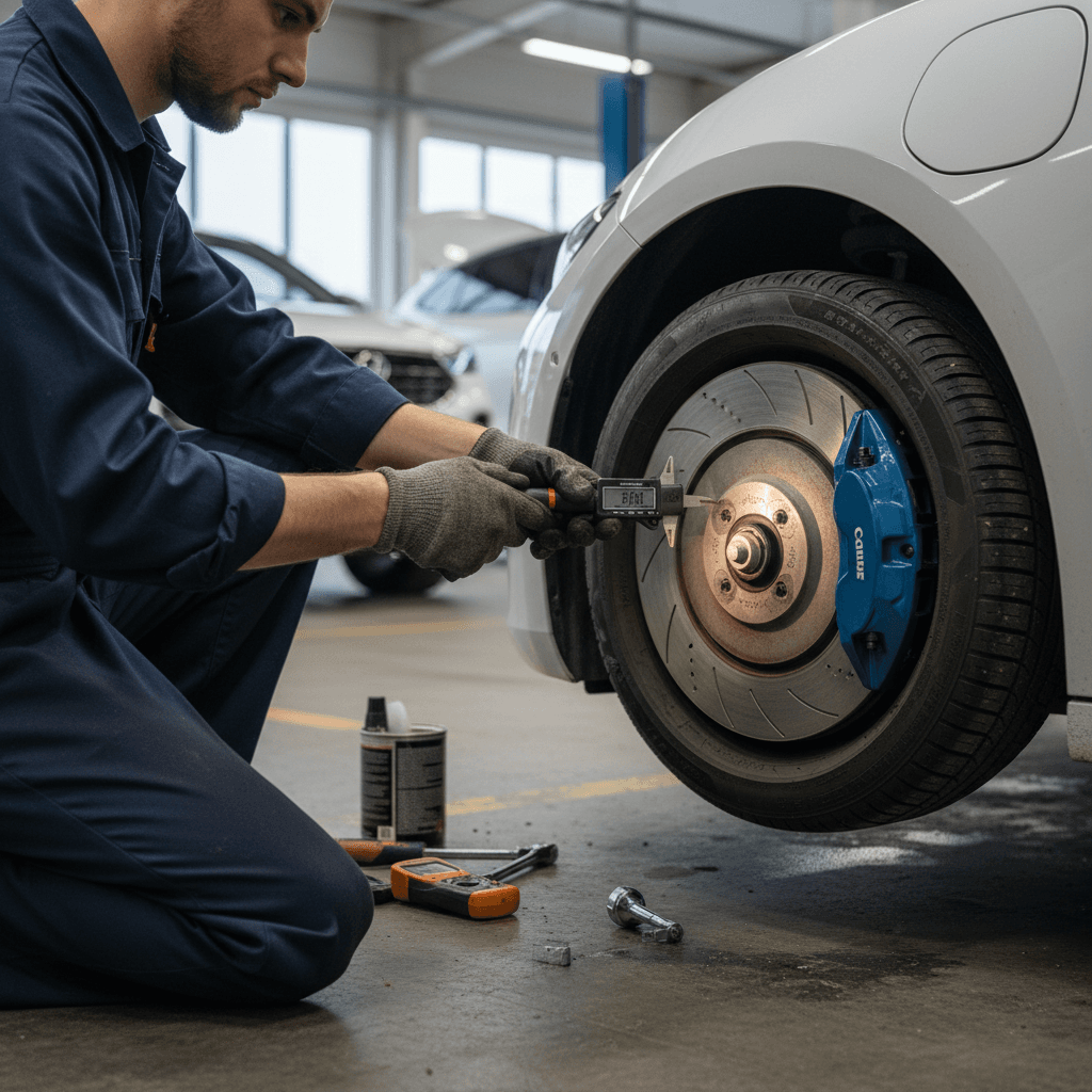 Technician checking tires and brakes on an electric vehicle during routine service