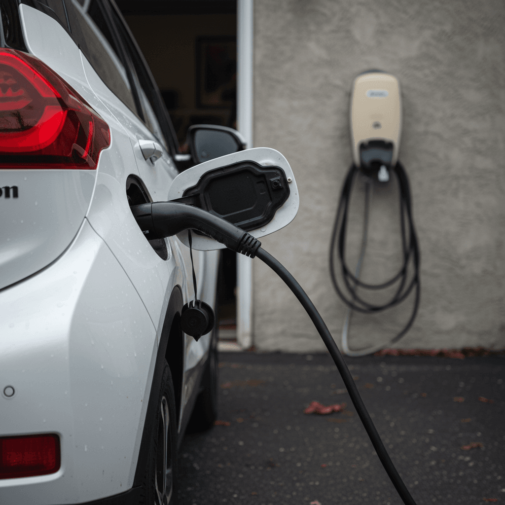 Close-up of a 2020 Chevrolet Bolt EV charging at a home Level 2 charger