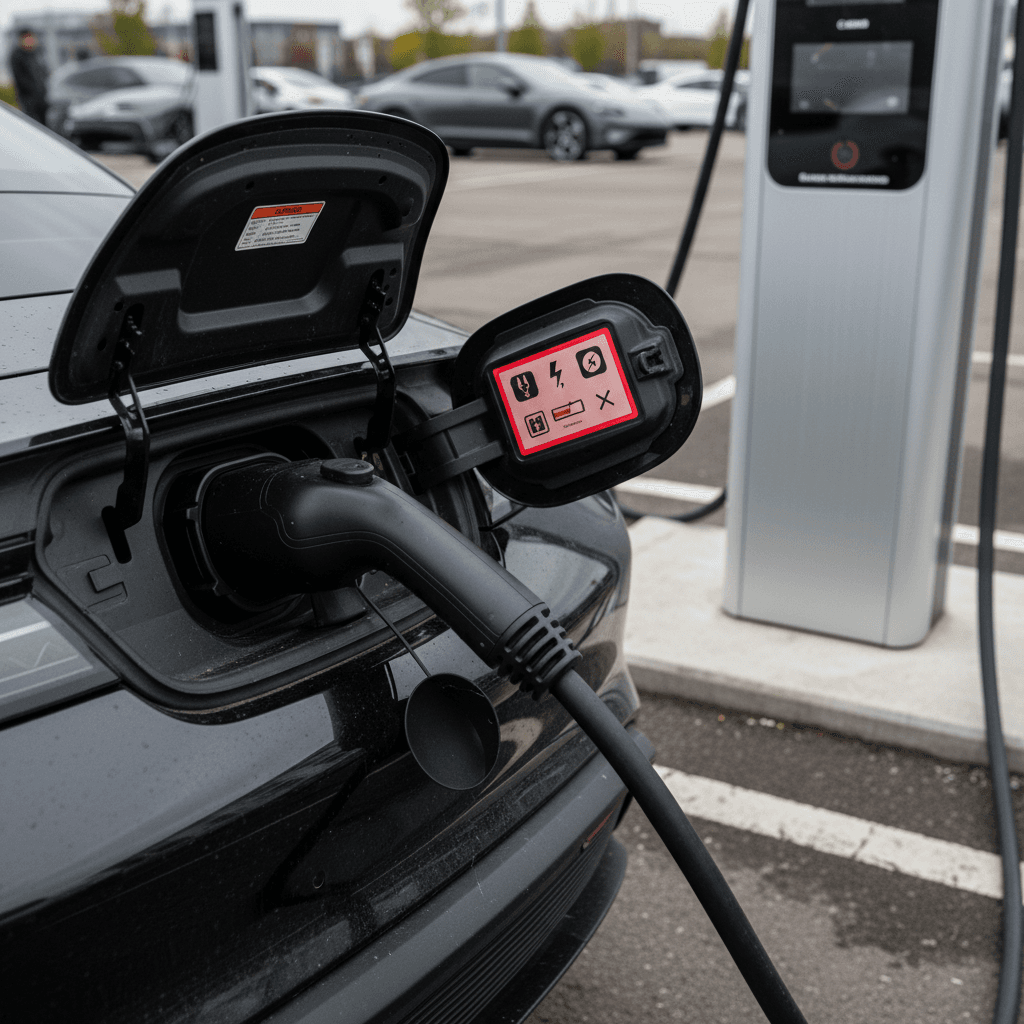 Porsche Taycan plugged into a DC fast charger with warning message on the charging screen