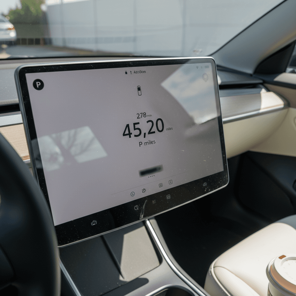 Tesla Model 3 interior center touchscreen showing battery range and odometer, representing the key value drivers when selling a used Model 3