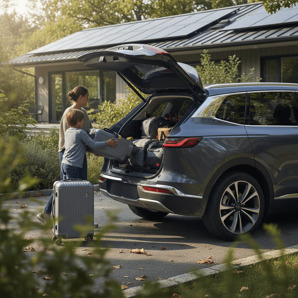 Kia EV9 three-row electric SUV parked with family loading passengers