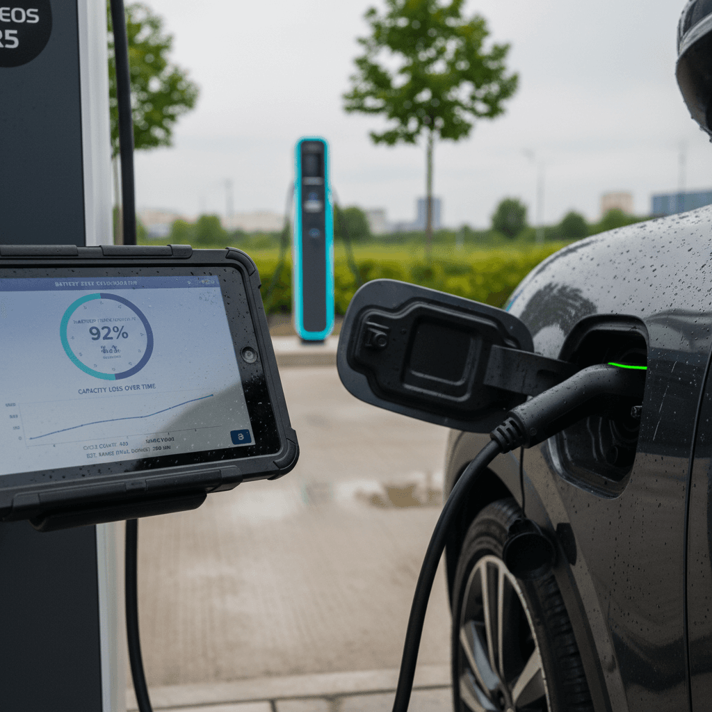 Seller holding a tablet that displays an EV battery health report next to a plugged-in electric car