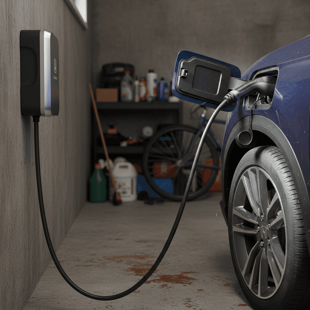 Honda Prologue plugged in to a home wallbox charger in a garage, illustrating ideal charging setup for battery longevity