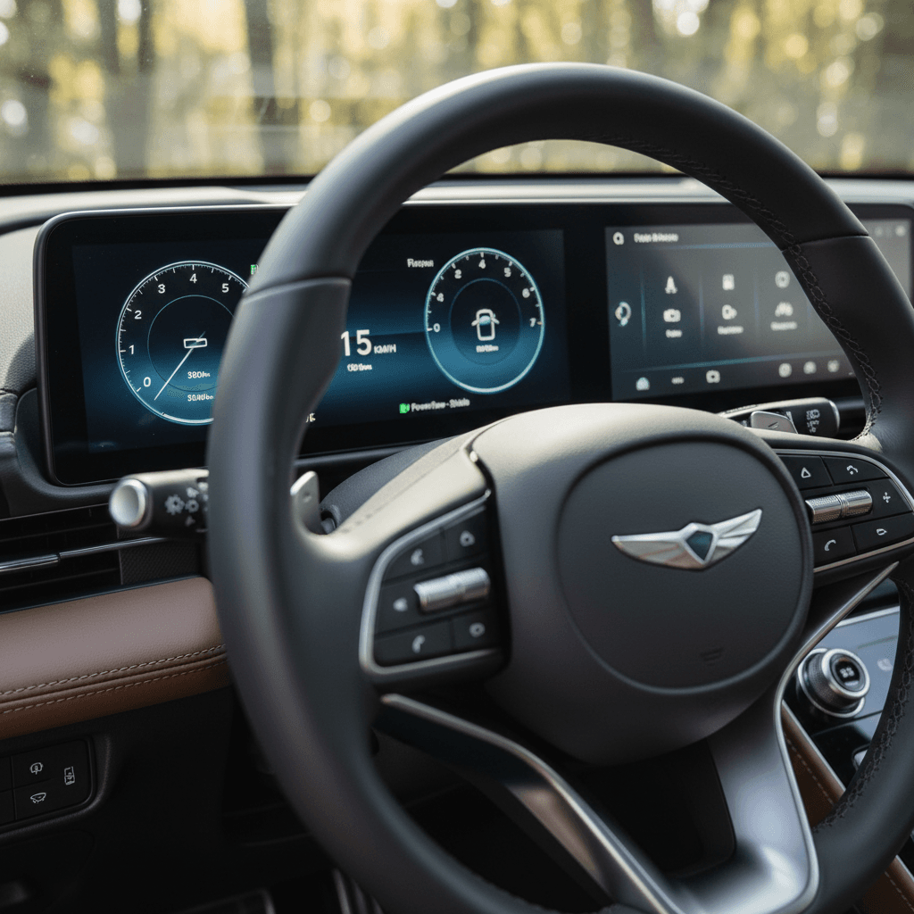 Close-up of the Genesis GV60 digital instrument cluster and steering wheel, highlighting the screens owners should test before buying used