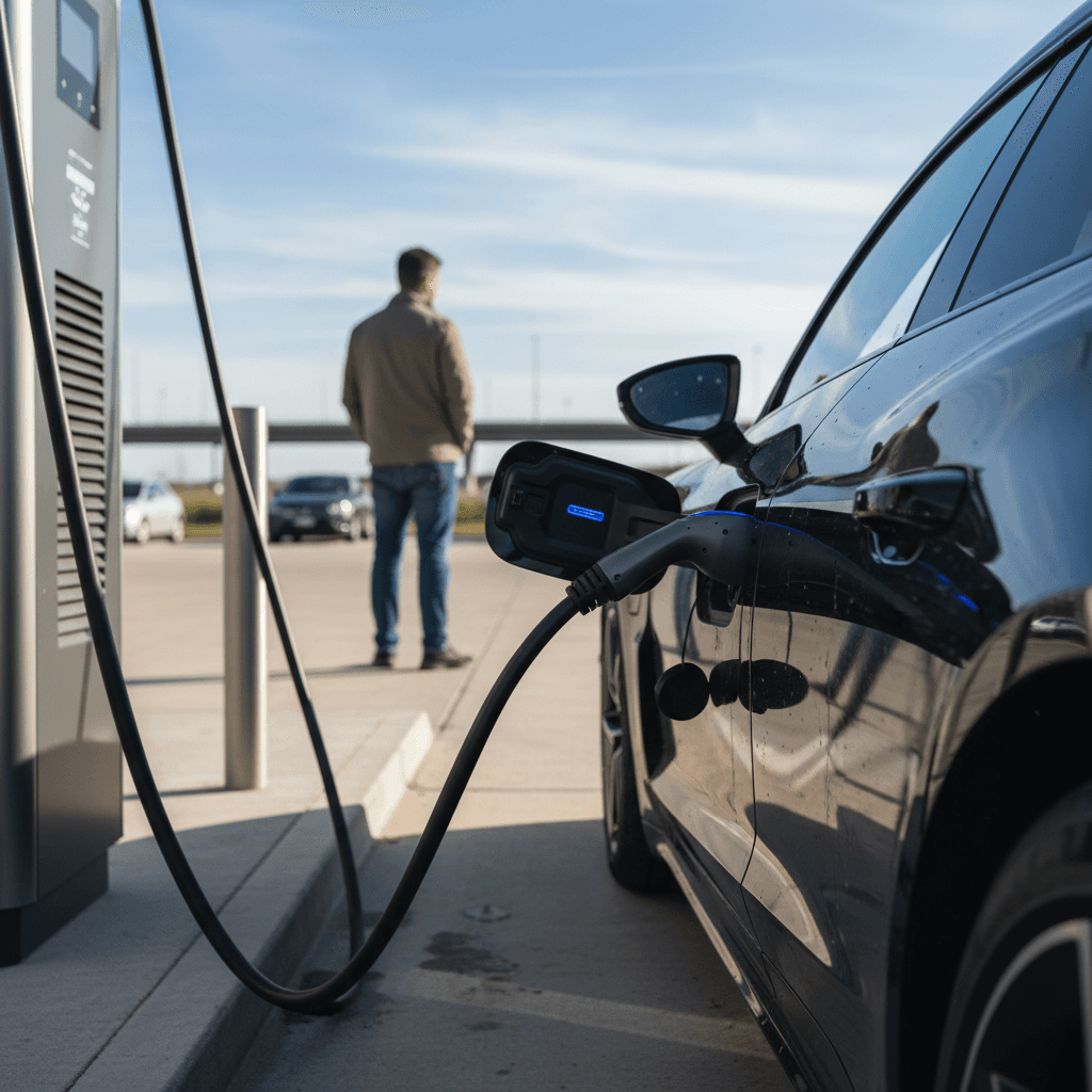 Audi e-tron GT plugged into a DC fast charger at a highway rest stop during a long-distance road trip