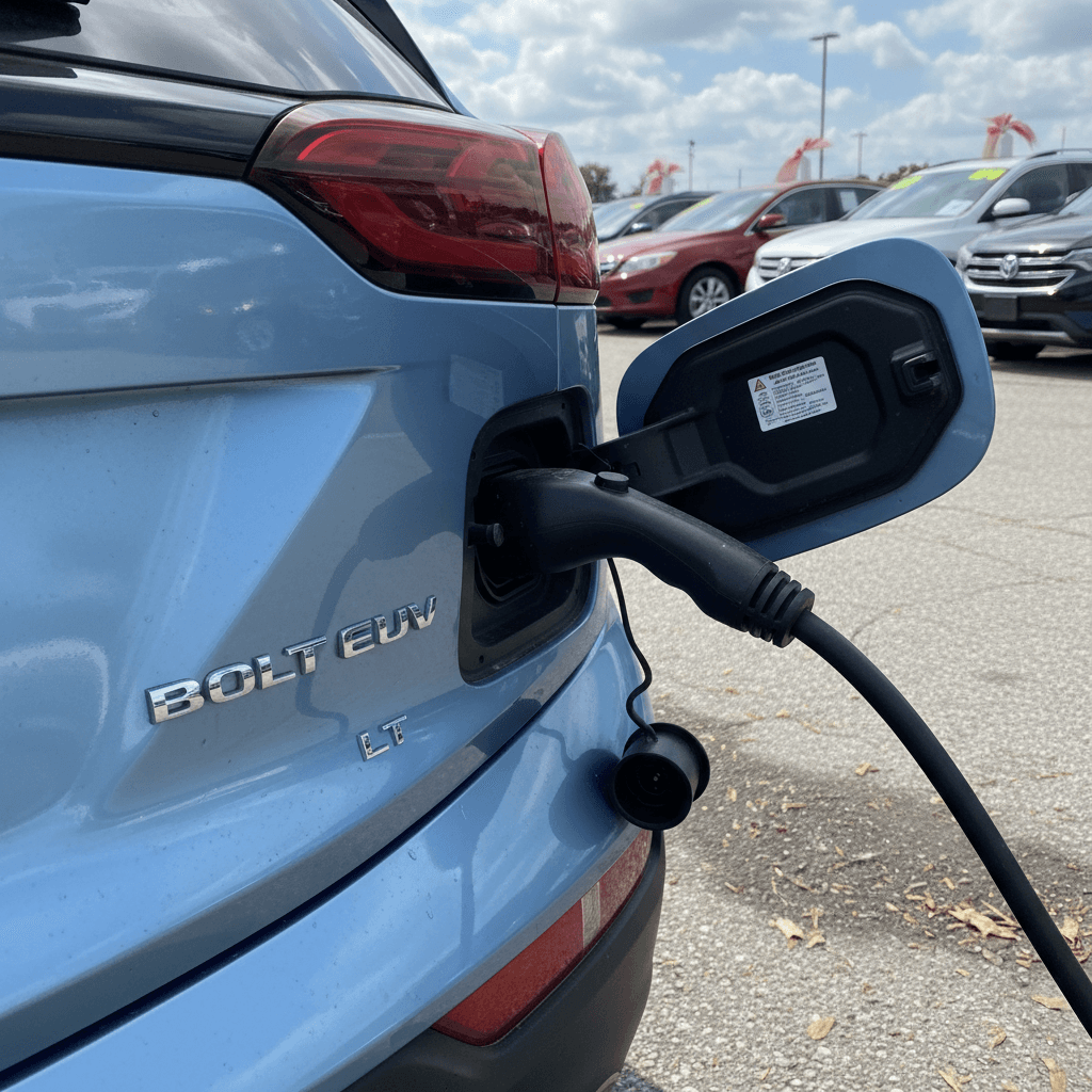 Rear three-quarter view of a 2022 Chevy Bolt EUV charging, highlighting the charge port and EUV badging at a used car lot
