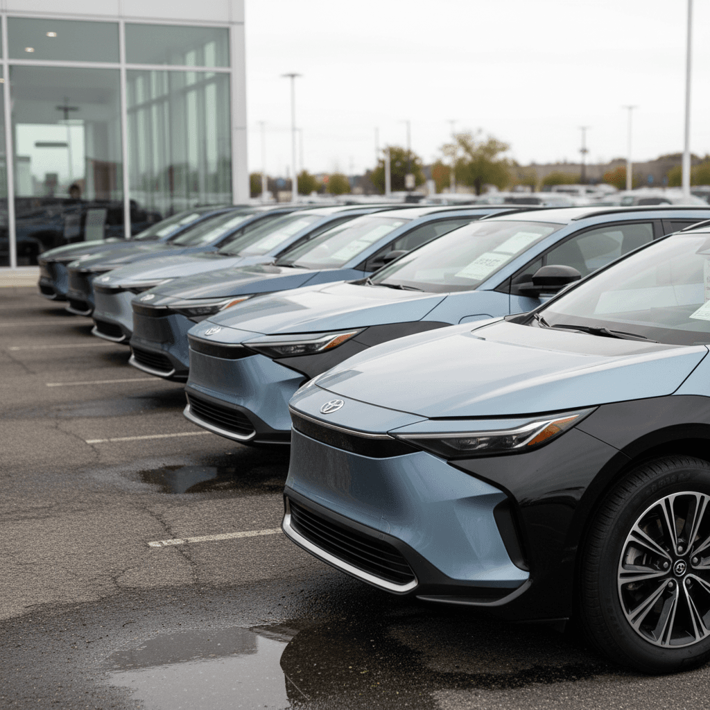 Row of used Toyota bZ4X electric SUVs parked in a lot with price stickers visible, illustrating depreciation in the used EV market
