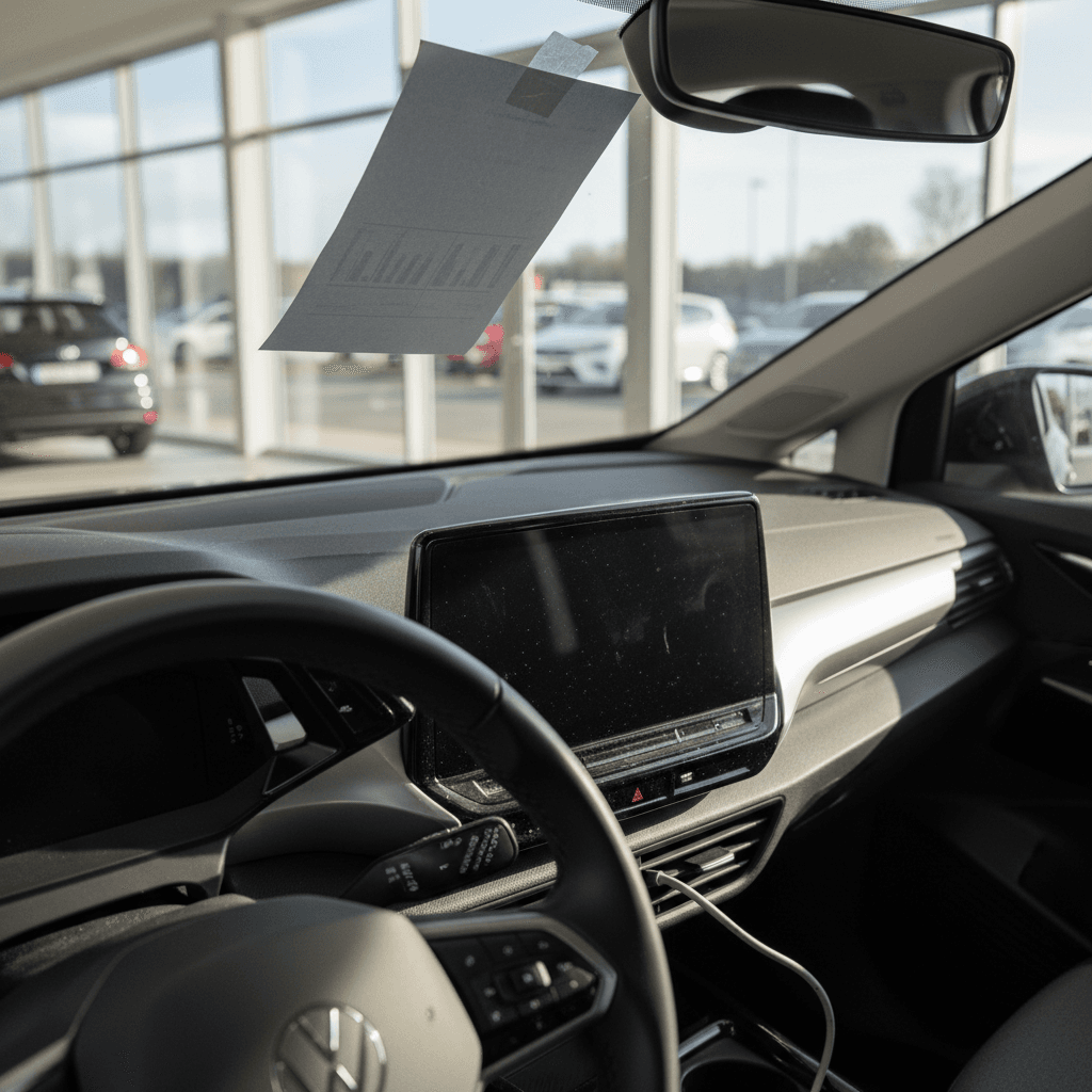 Used Volkswagen ID.4 on a dealer lot showing its price on the windshield and interior display lit up