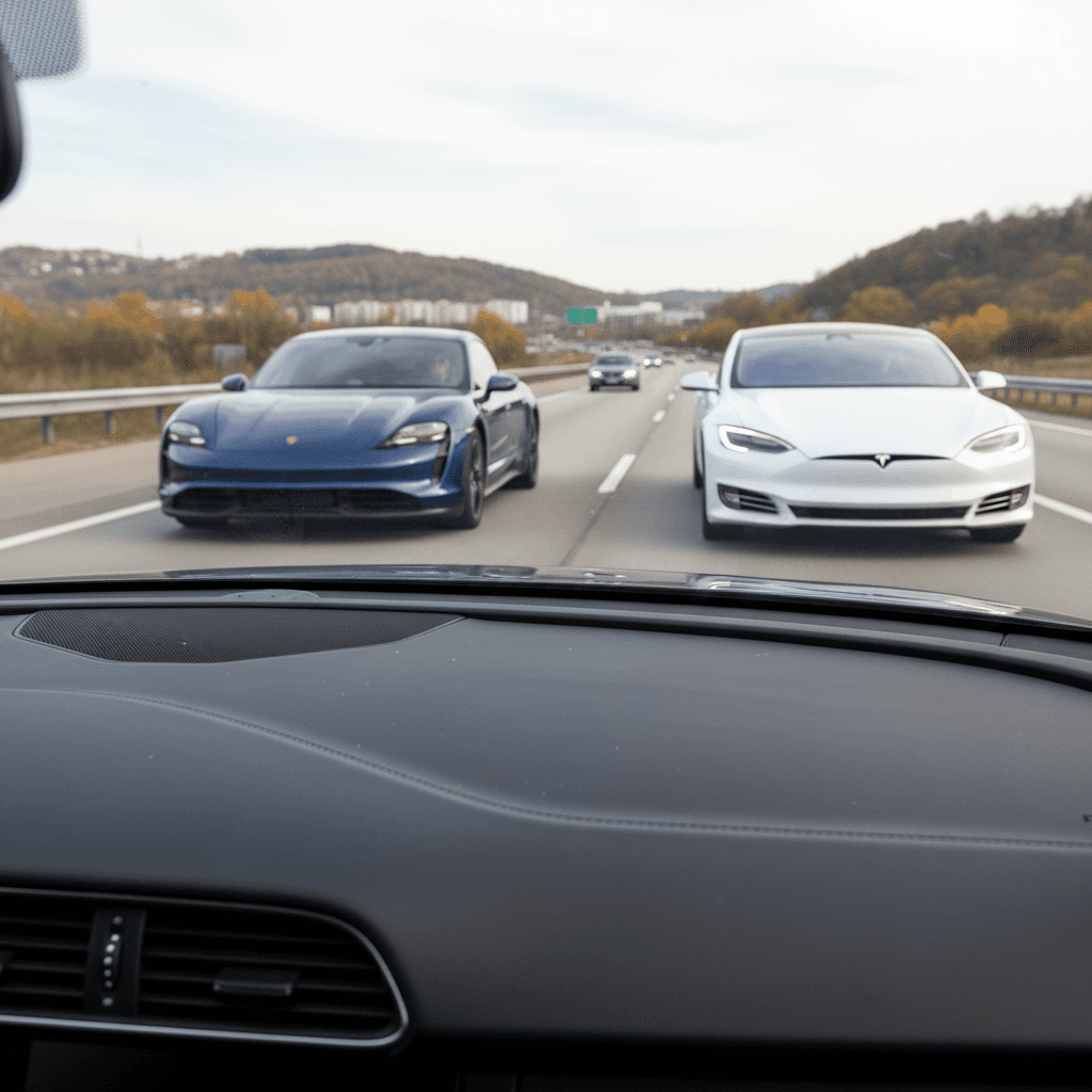 Used Porsche Taycan plugged into a fast charger, emphasizing battery health and charging speed