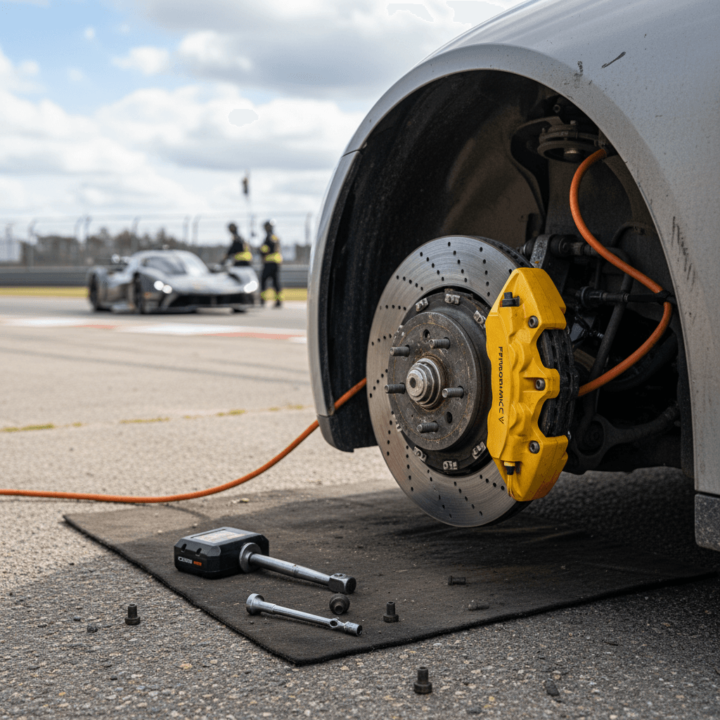 Electric performance car with wheels off showing brake calipers and pads in a track paddock
