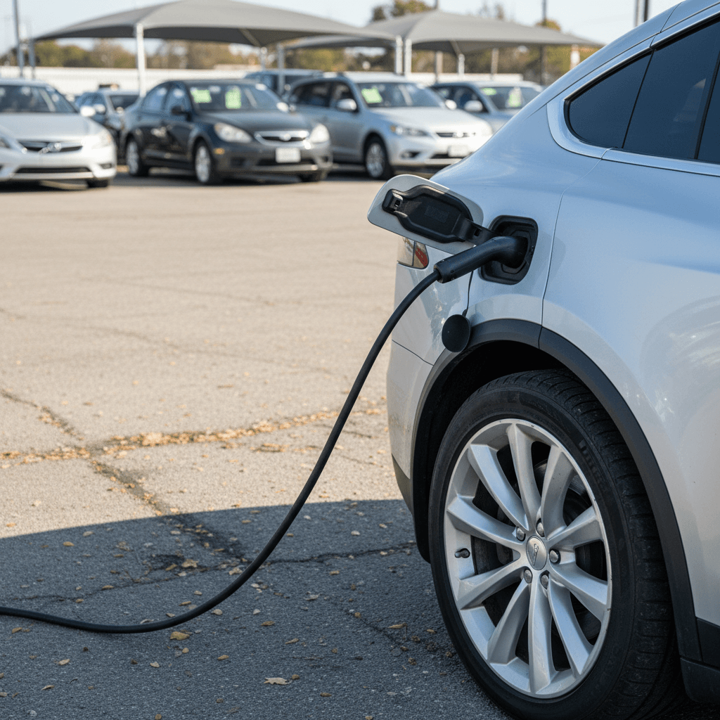 Close view of a used Tesla Model X plugged into a charger highlighting battery health concerns for resale value