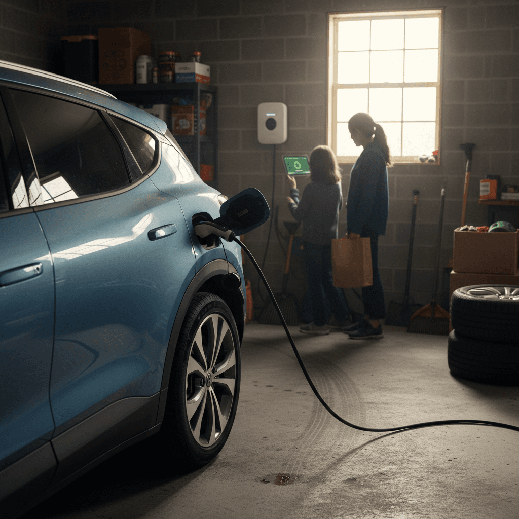 Row of used electric vehicles parked at a dealership lot