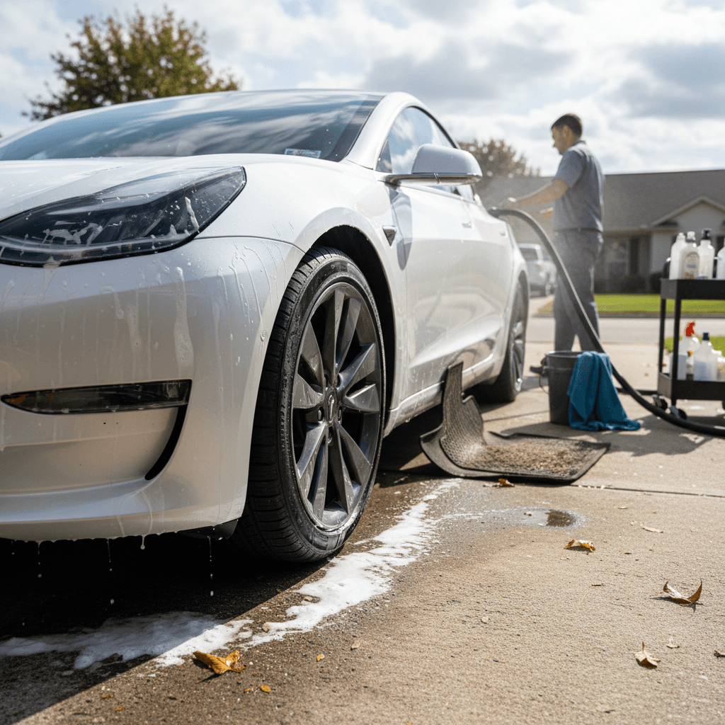 Detailer washing a white Tesla Model 3 in a driveway while preparing the car for resale