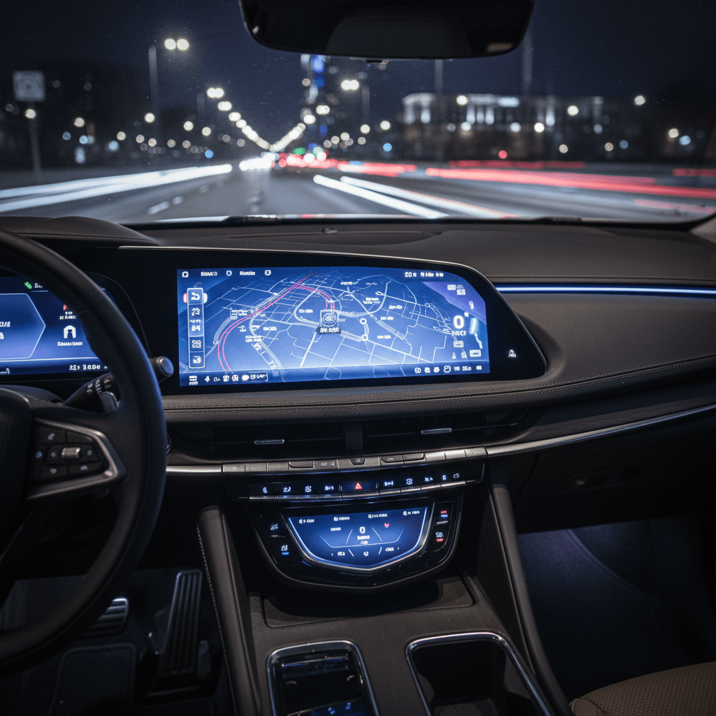 Interior view of a Cadillac Lyriq showing the curved digital display and steering wheel, emphasizing the tech-heavy interface that often drives reliability complaints.