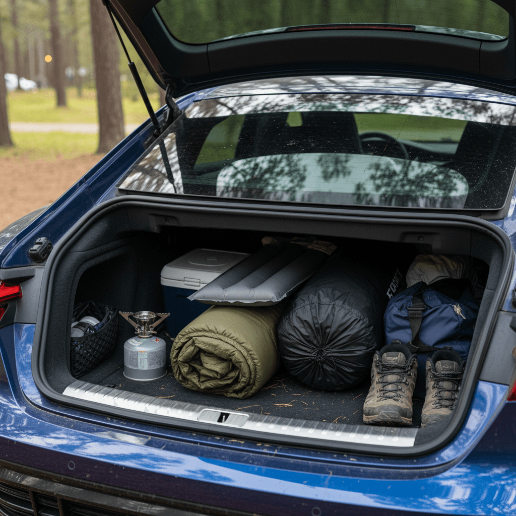 Audi e-tron GT rear seats folded down with camping gear showing the narrow, sloping cargo pass-through