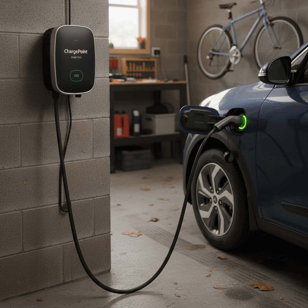 Wall‑mounted Level 2 home EV charger plugged into a Kia Niro EV in a residential garage