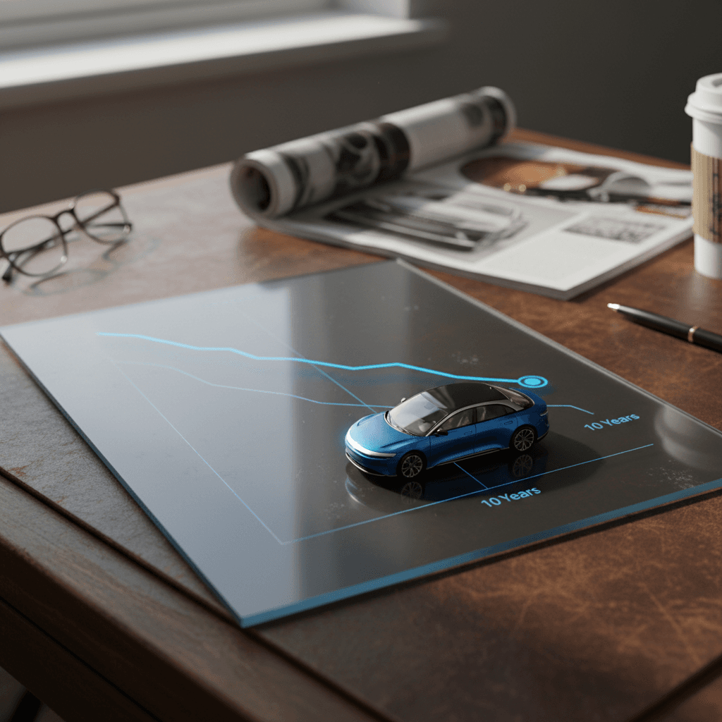 Illustration of an electric car depreciation curve showing especially steep value loss in the first 3 to 5 years