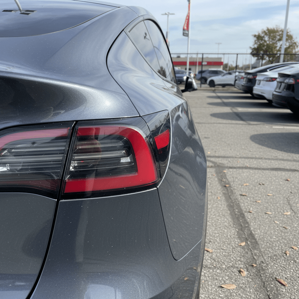 Close-up of a used 2020 Tesla Model Y showing panel gaps near the rear hatch and taillight