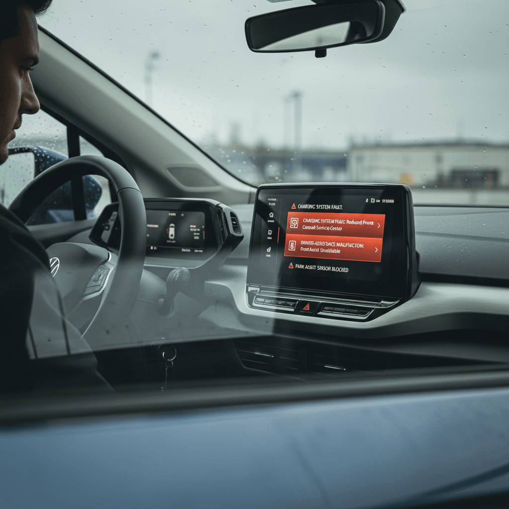 Driver in a 2024 Volkswagen ID.4 looking at multiple warning messages on the central touchscreen, highlighting typical software and charging issues.