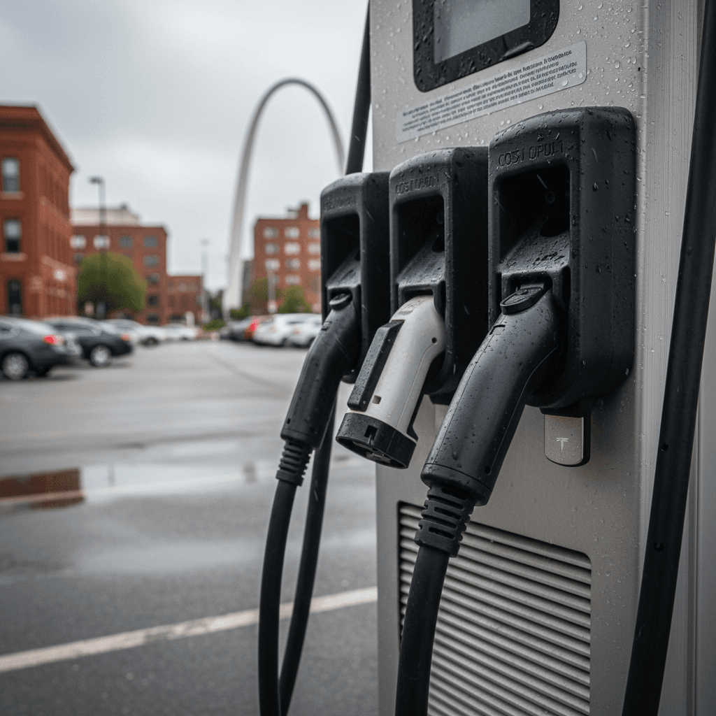 Close-up of multiple EV fast-charging connectors, including CCS, J1772, and Tesla-style plugs, at a public charging station in a city parking lot.