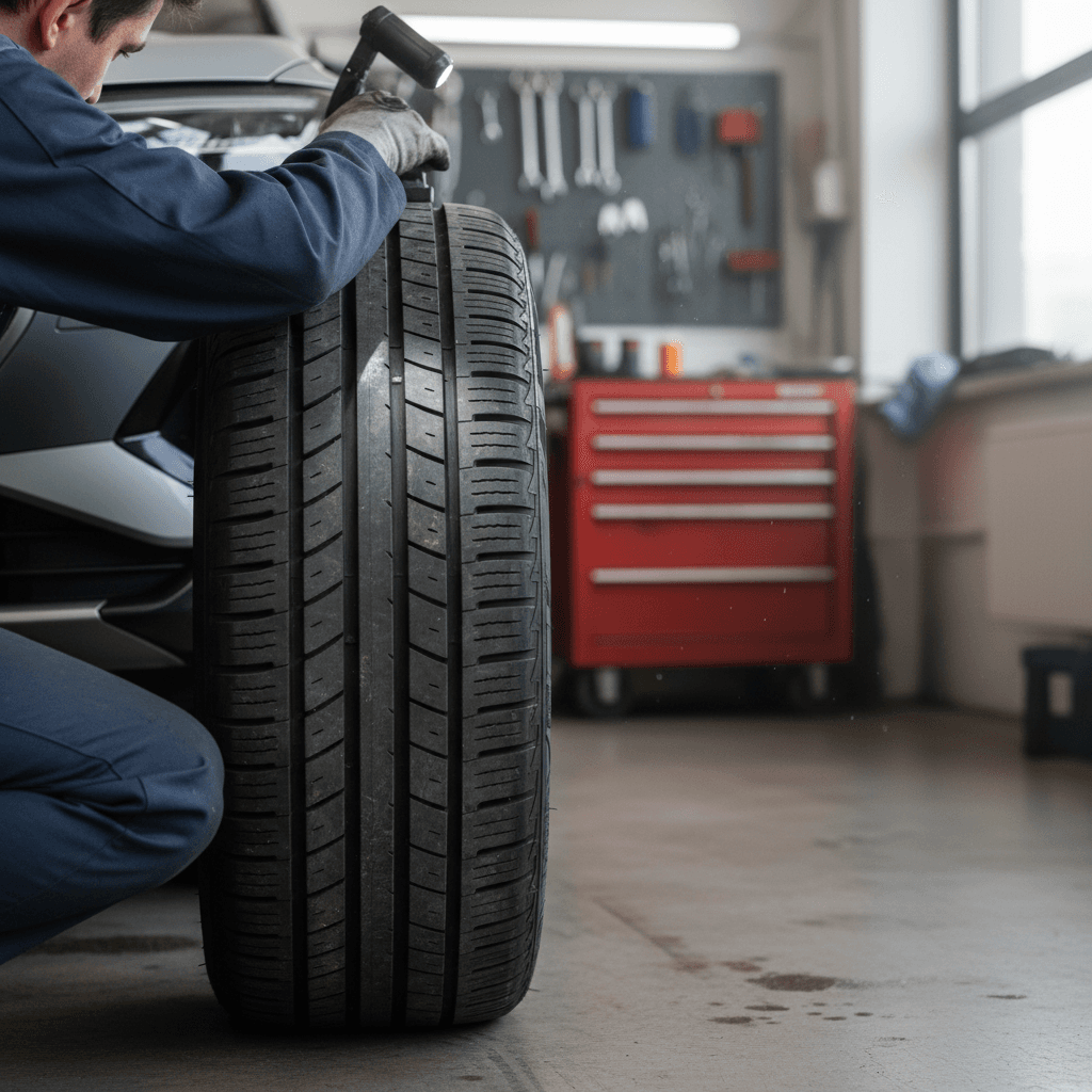 Technician checking tread depth on an Audi Q4 e-tron front tire in a service bay