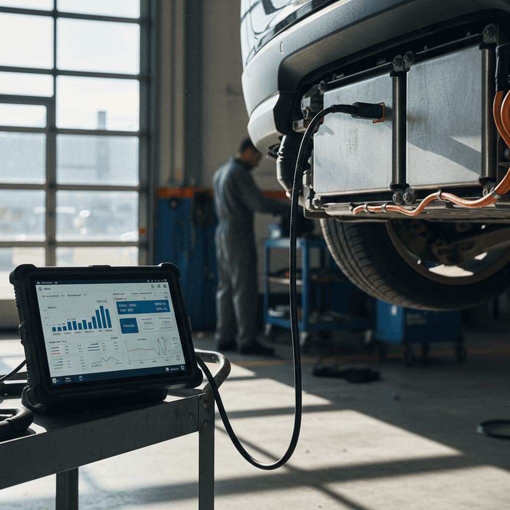 Technician using a tablet to read battery diagnostics during a used electric car inspection
