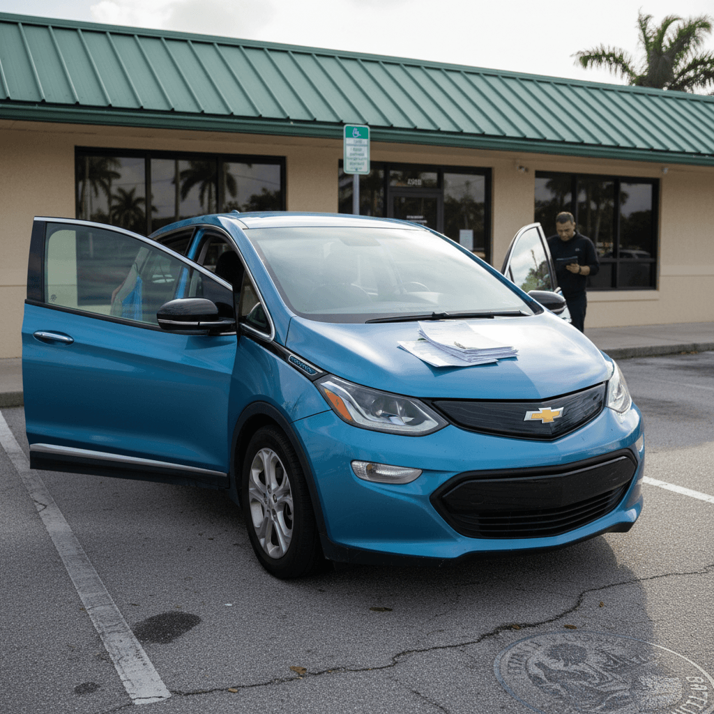 Florida tax collector office with an EV owner completing title transfer paperwork