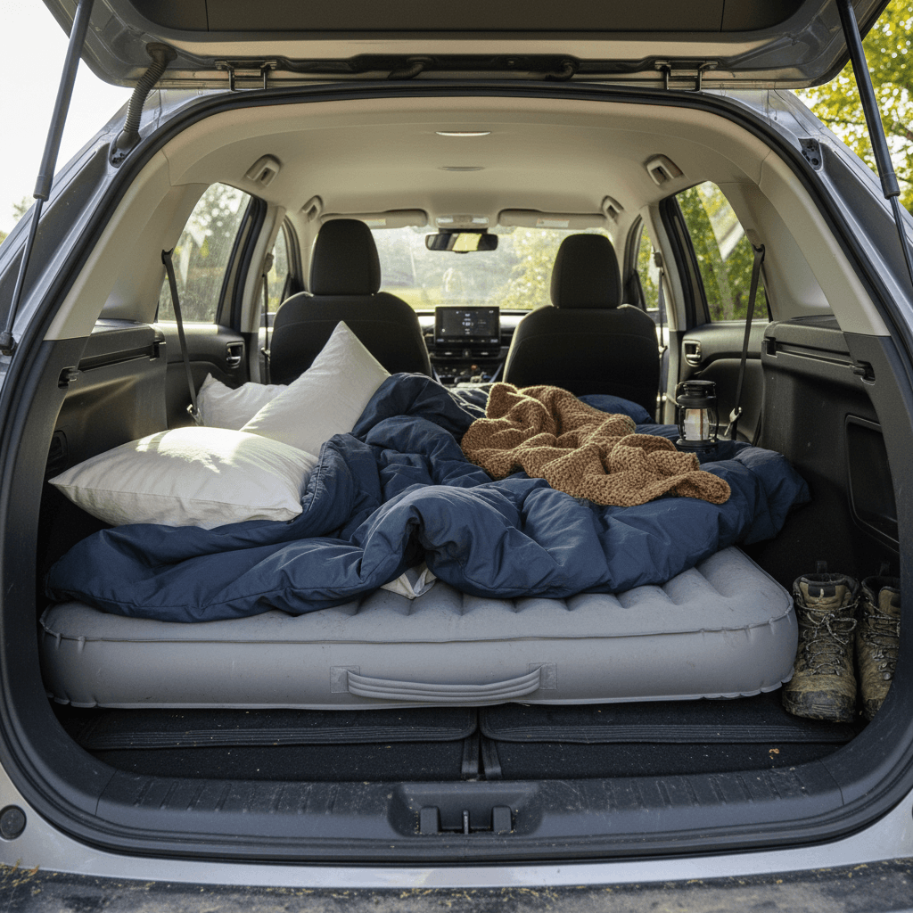 Toyota bZ4X rear seats folded with mattress and bedding arranged for car camping