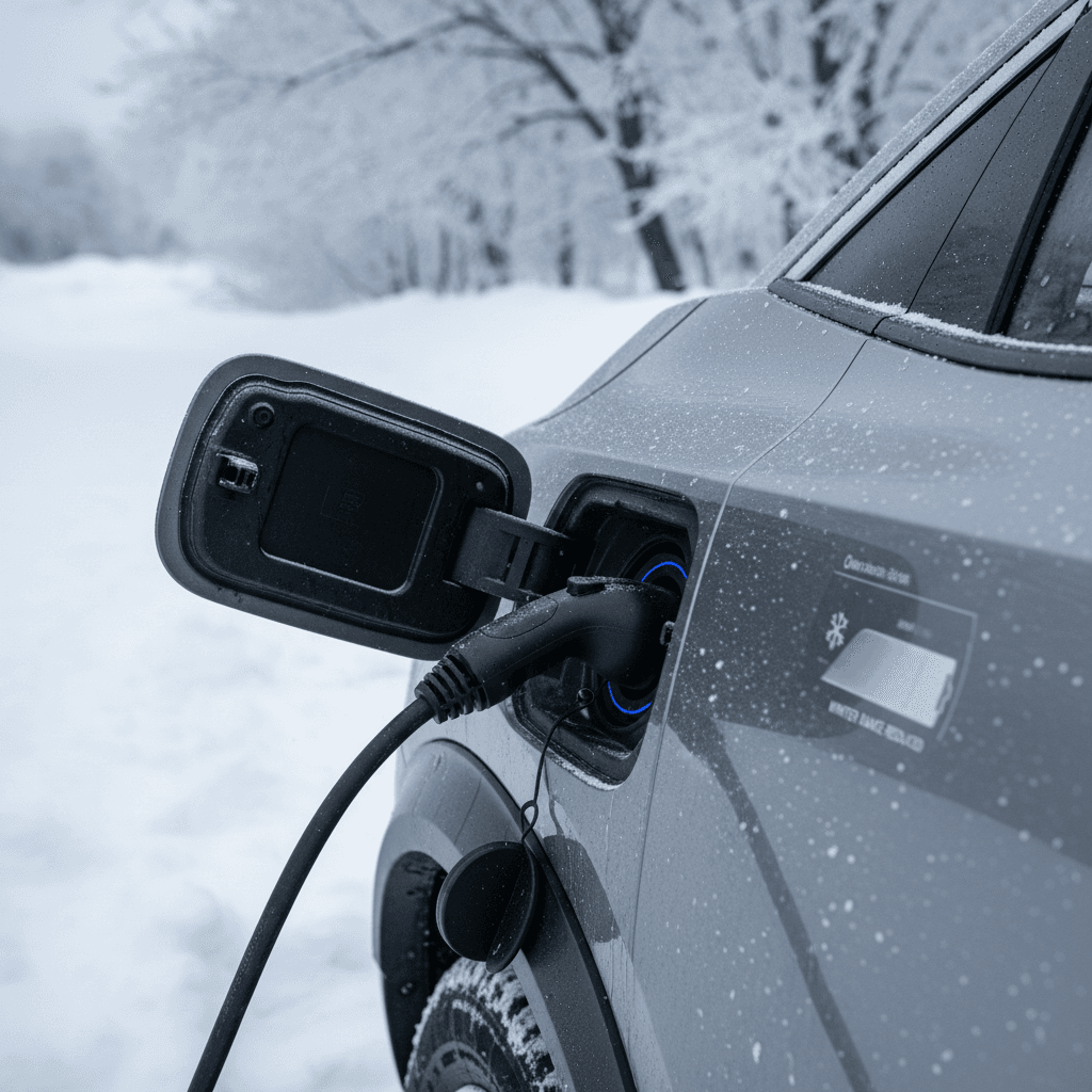 Nissan Ariya plugged into a charger on a snowy winter day, range estimate visible on dashboard