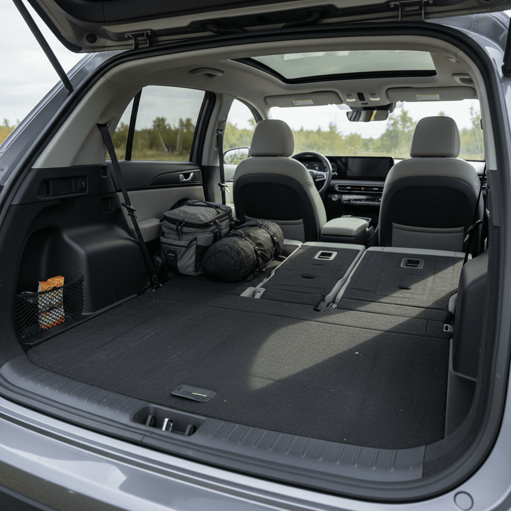 Rear seats of an electric compact SUV folded flat to show generous cargo space and a wide, low load floor