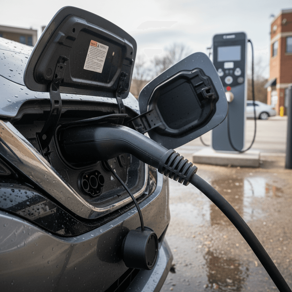 Used Nissan Leaf plugged into a public Level 2 charging station, showing the CHAdeMO and J1772 charge ports open