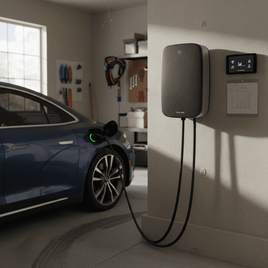 Wall-mounted Level 2 EV home charger in a garage with an electric vehicle plugged in