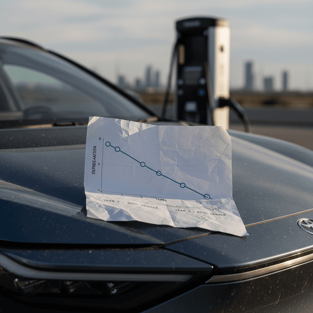 Illustrated 5-year depreciation curve for an electric SUV showing value dropping sharply in first three years then flattening