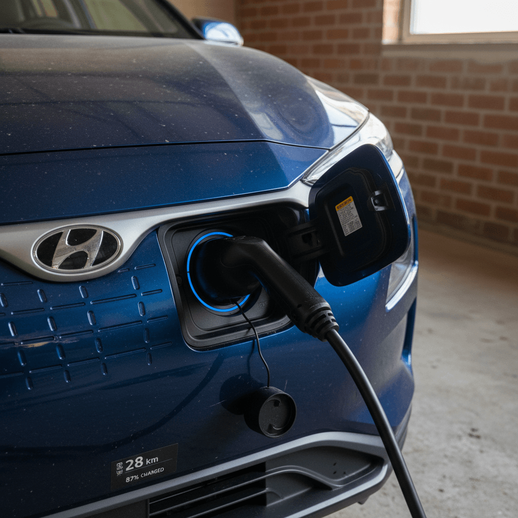 Close-up of a 2020 Hyundai Kona Electric charging port and digital range display while plugged into a Level 2 charger.