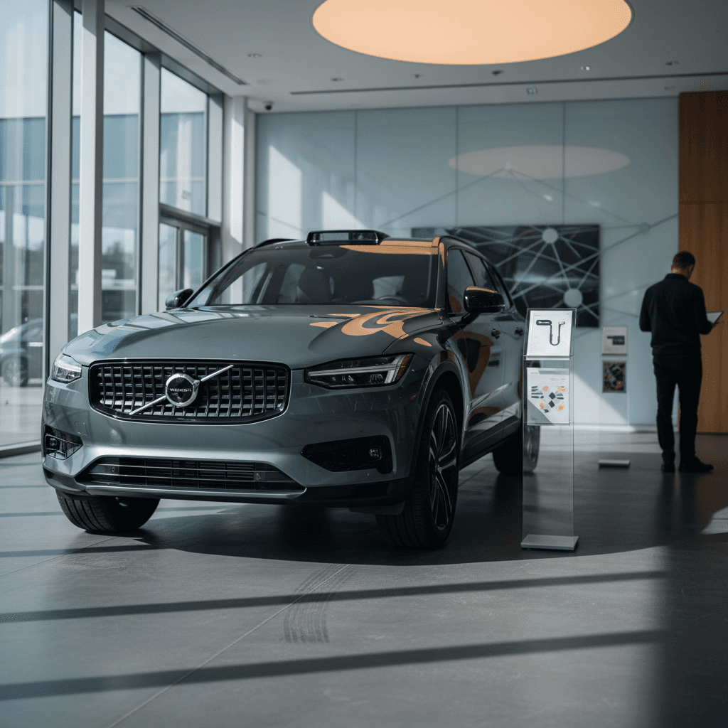 Volvo EX90 three-row electric SUV displayed in a modern showroom, emphasizing premium design and pricing
