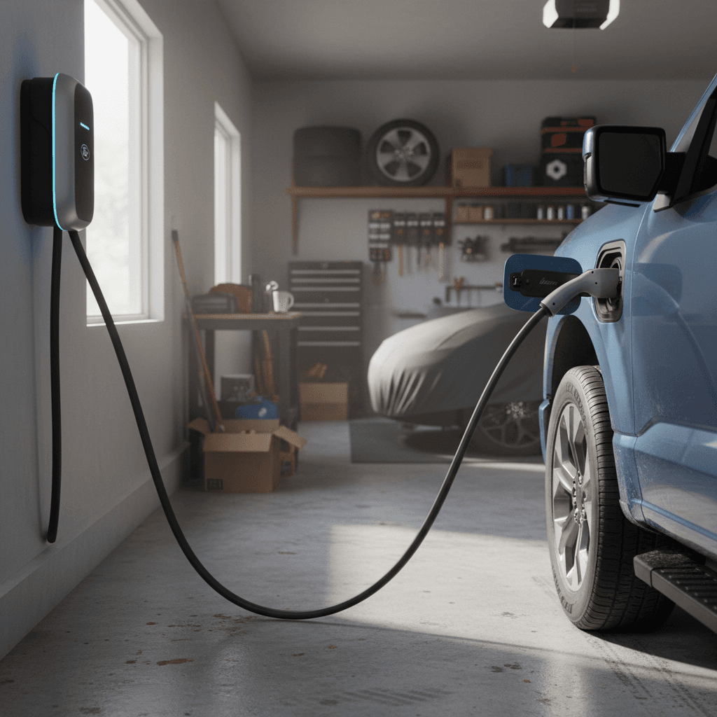 Ford F-150 Lightning electric pickup truck plugged in and charging in a residential driveway