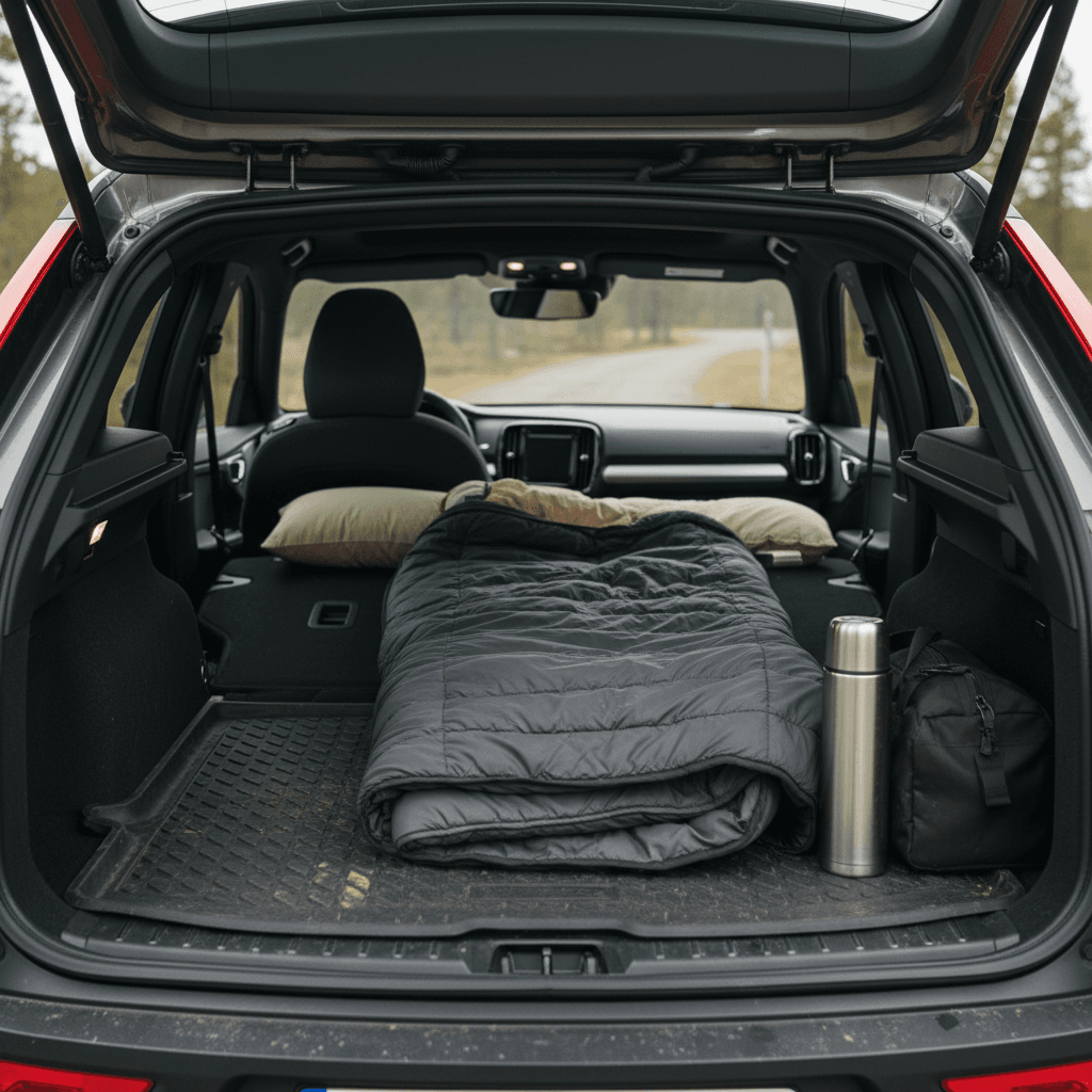 Volvo EX30 cargo area with rear seats folded and a compact sleeping pad laid out from tailgate toward the front seats