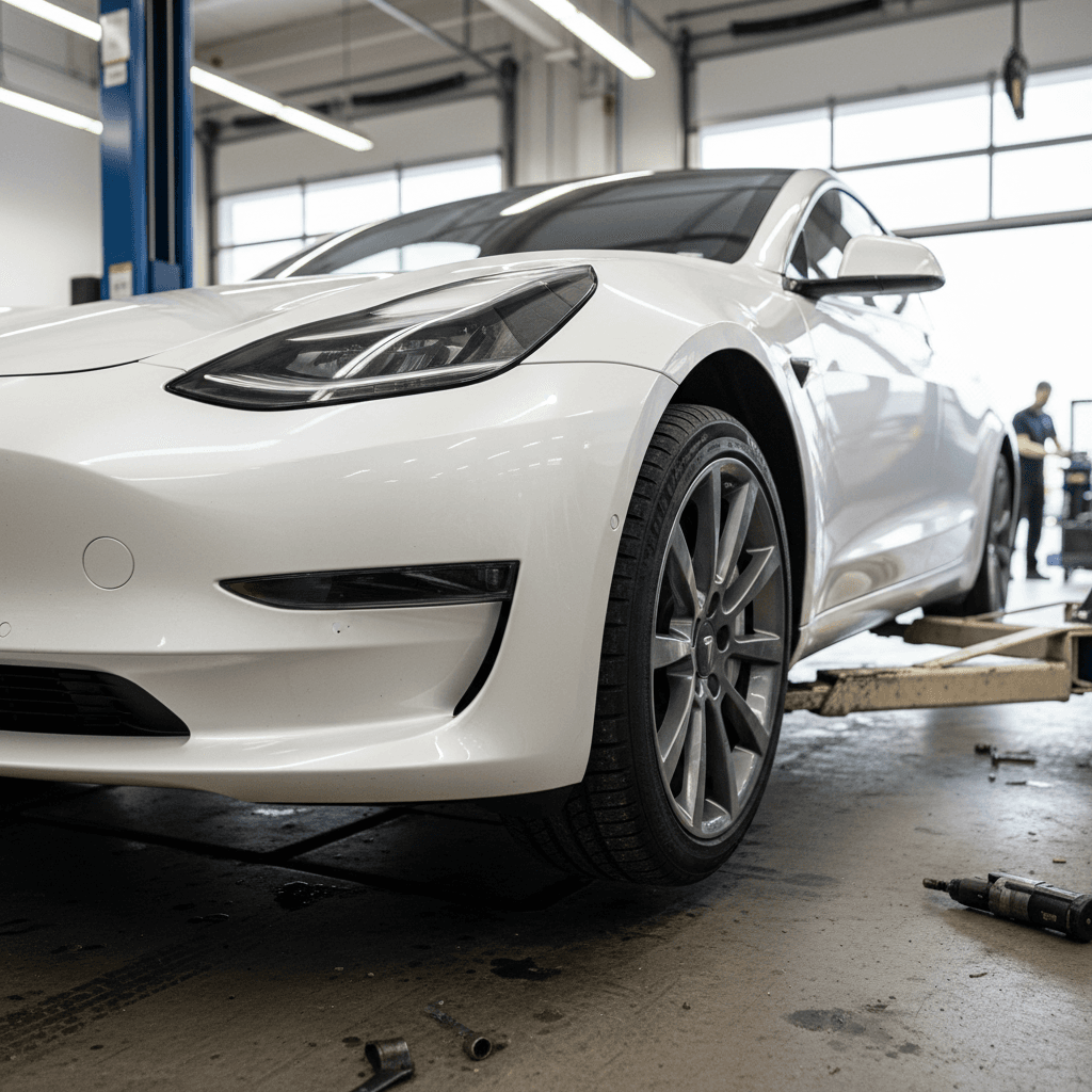 Technician inspecting front suspension and wheel of a Tesla Model 3 Highland on a lift