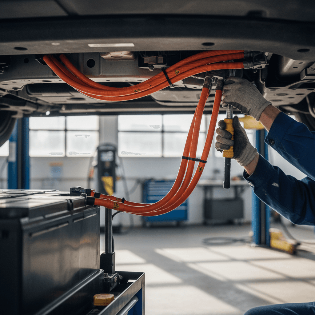 Mechanic in protective gear working on high‑voltage orange cables in an electric car
