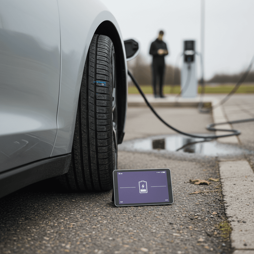 Closeup of an electric vehicle tuned tire tread pattern on the road