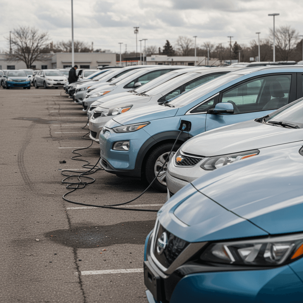 Row of compact inexpensive cars parked at a dealership lot