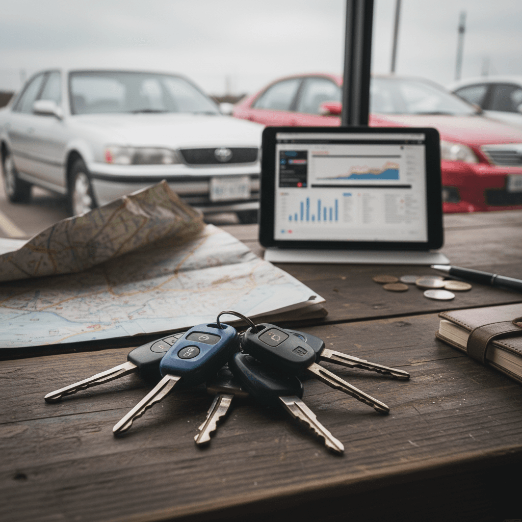 Silver Toyota Camry hybrid sedan driving through a modern city street